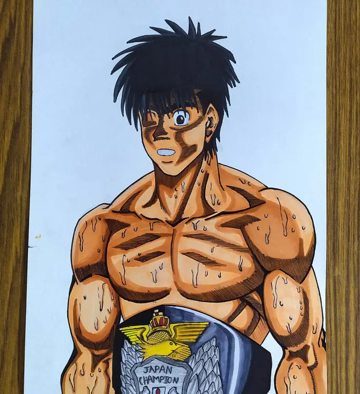 Gambar Ippo Makunouchi berlatih keras di gym.