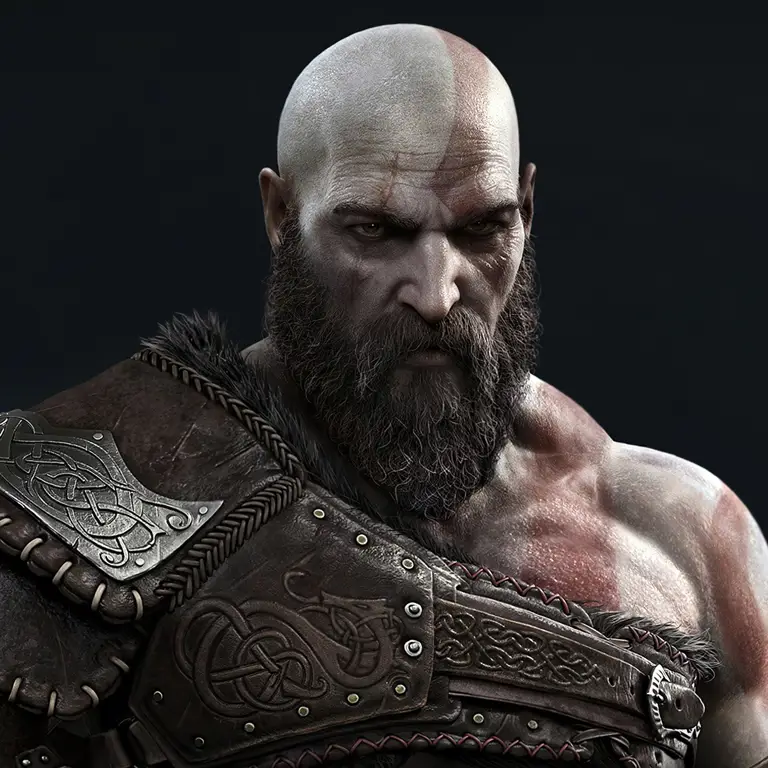 Kratos dari God of War dengan ekspresi wajah yang intens