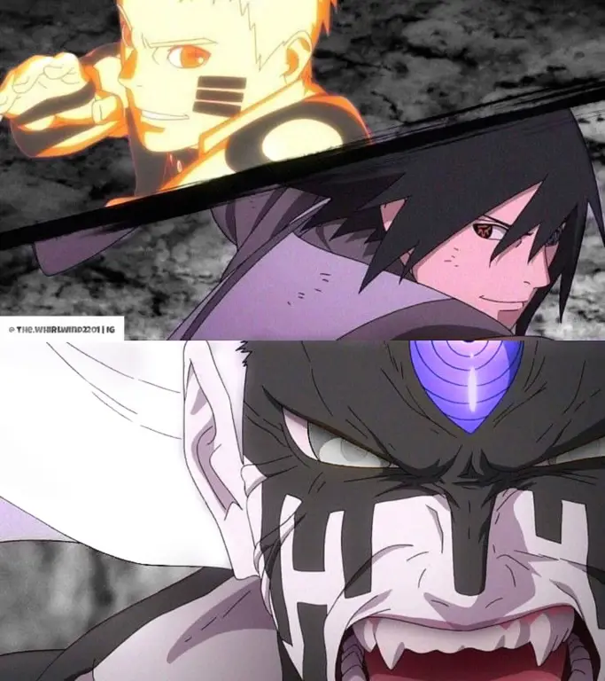 Naruto dan Sasuke melawan Momoshiki dalam pertarungan yang menegangkan.