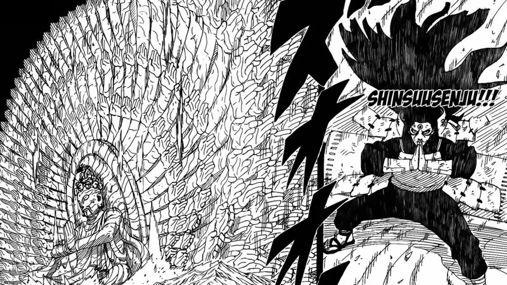 Gambar Naruto dan Madara bertarung dengan latar belakang yang dramatis.