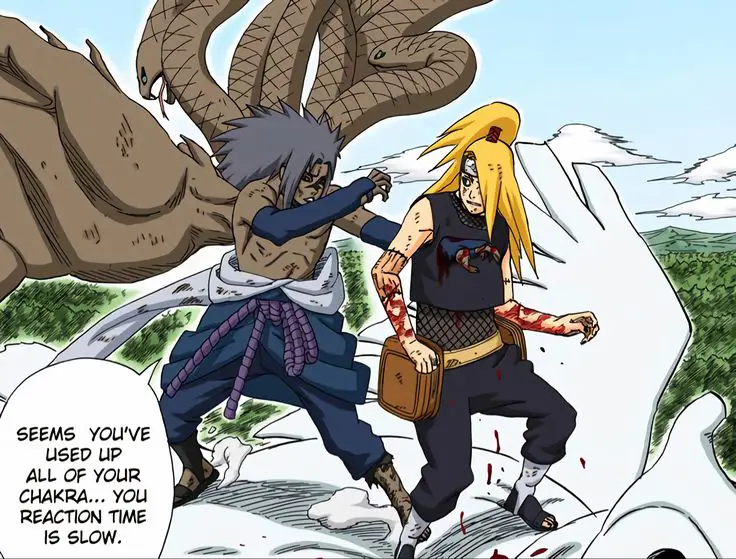 Sasuke dan Deidara bertarung dengan sengit di tengah pemandangan yang hancur.