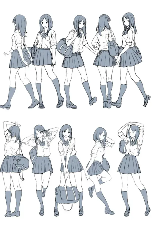 Gambar referensi pose wanita anime dari berbagai sudut pandang