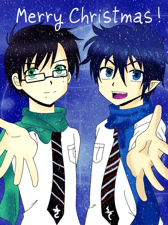 Gambar Rin dan Yukio Okumura, dua saudara kembar protagonis dalam anime Blue Exorcist.