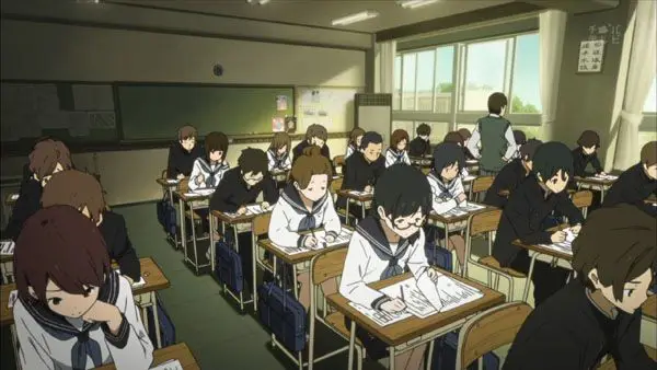 Gambar ruang kelas anime dengan siswa di dalamnya