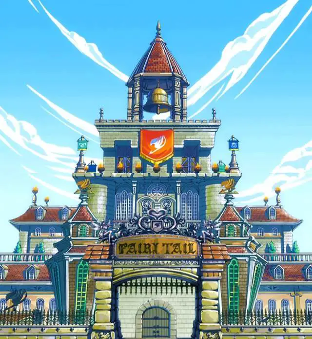 Gambar interior gedung serikat Fairy Tail yang megah.