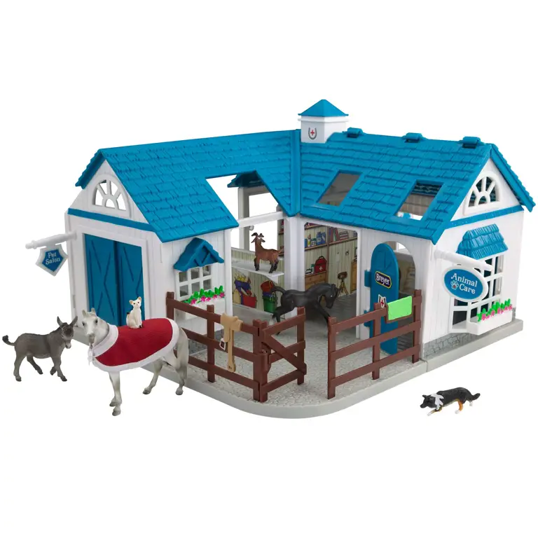 Gambar Breyer Stablemates Deluxe Animal Hospital yang lengkap dengan aksesorisnya.