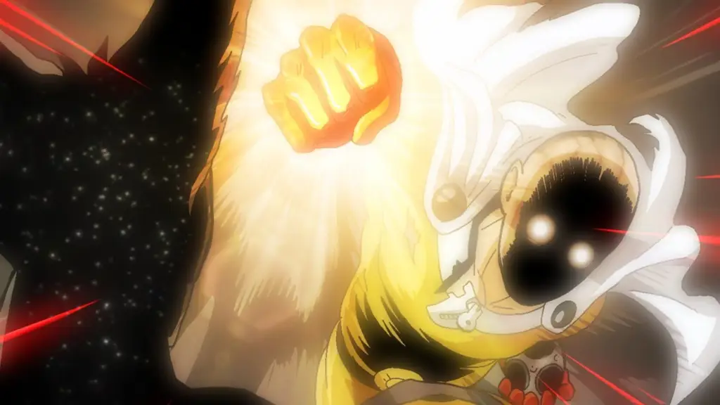 Gambar ekspresi serius Saitama sebelum memukul meteor