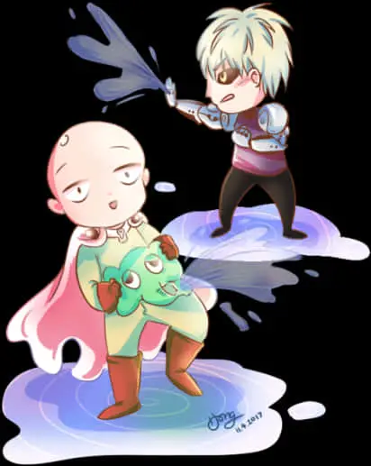 Gambar Saitama dan Genos versi chibi yang lucu