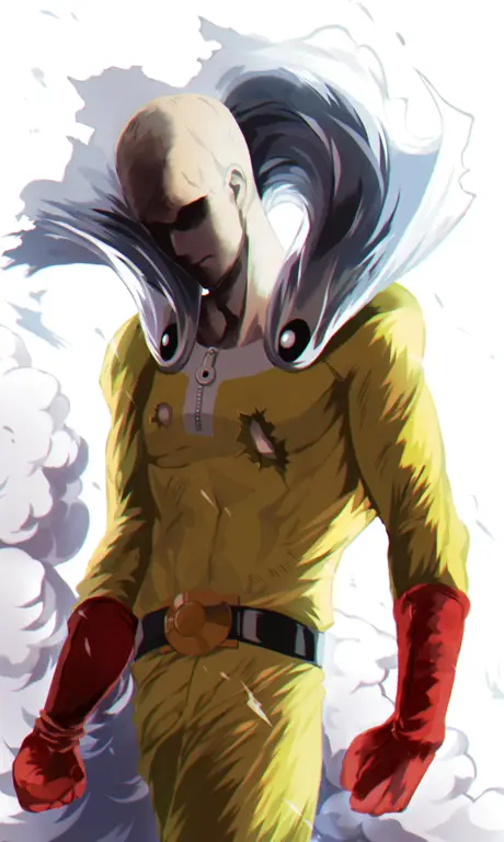 Gambar Saitama, karakter utama One Punch Man, dalam setting Indonesia.