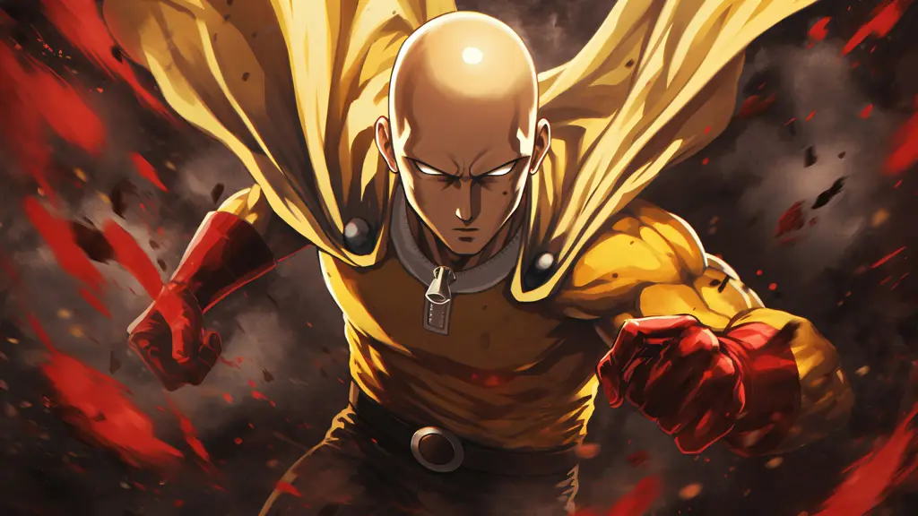 Saitama, karakter utama One Punch Man, dengan ekspresi datarnya yang khas.