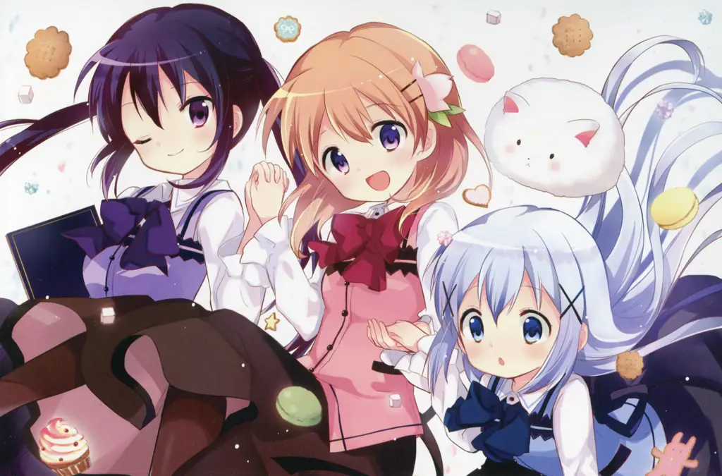 Gambar berbagai macam makanan dan minuman lezat di Gochuumon wa Usagi desu ka?