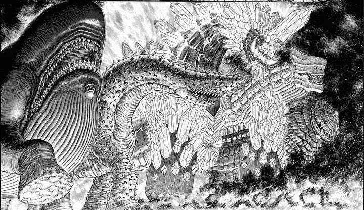 Sampul manga Berserk menampilkan Guts dan Griffith