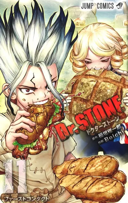 Sampul manga Dr. Stone yang menampilkan Senku dan teman-temannya