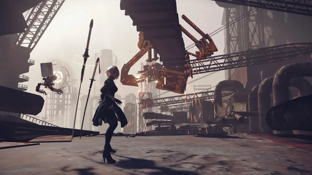 Screenshot pertarungan dalam game NieR:Automata