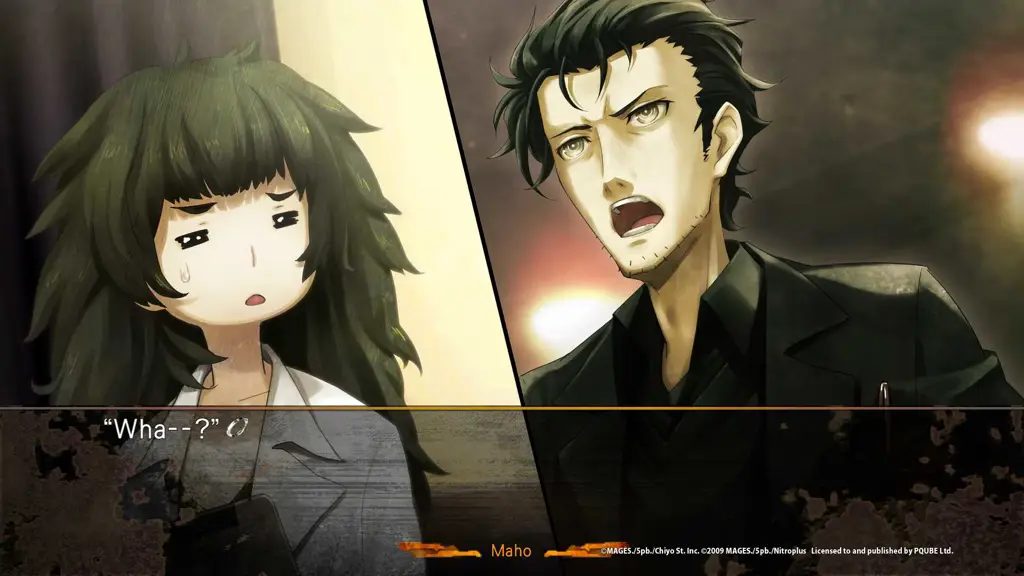 Screenshot gameplay Steins;Gate 0 yang menampilkan dialog dan pilihan