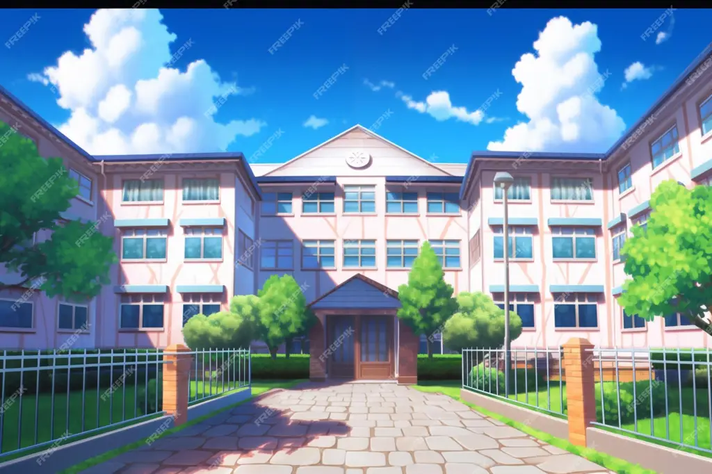 Gambar bangunan sekolah anime saat matahari terbenam