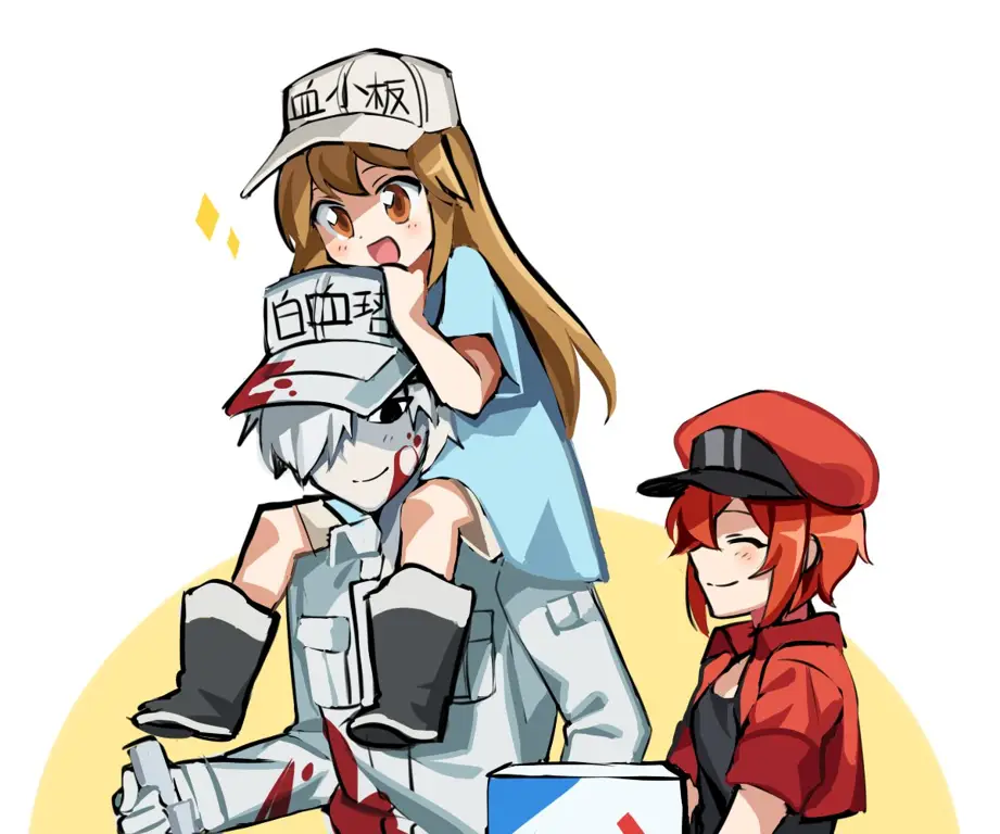 Ilustrasi sel darah merah dan sel darah putih dari anime Hataraku Saibou