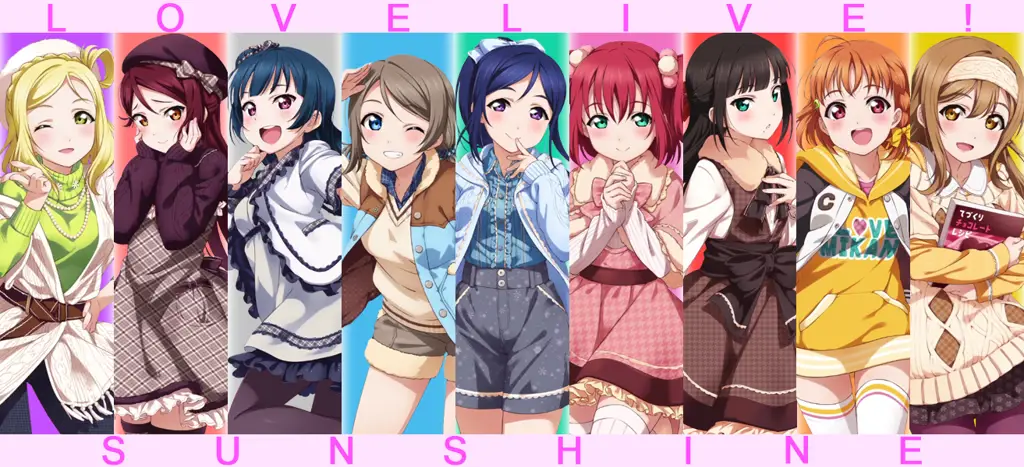 Grup idola Aqours dalam pose yang enerjik.