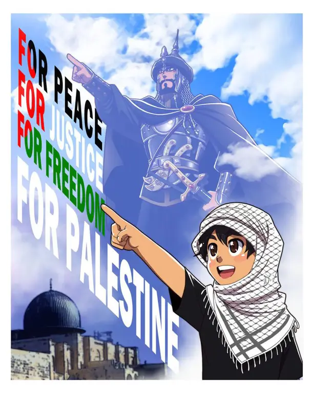 Berbagai macam ilustrasi anime yang merepresentasikan budaya Palestina.