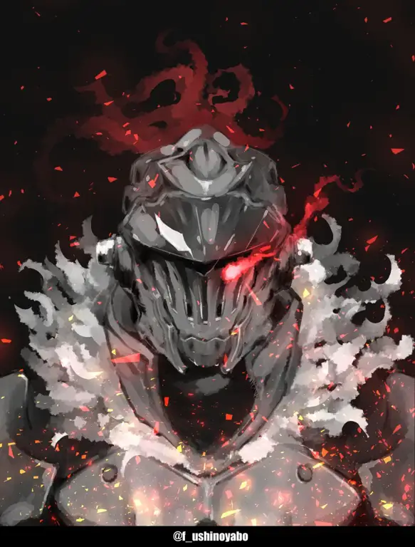 Ilustrasi seni anime Goblin Slayer dengan ekspresi wajah yang khas