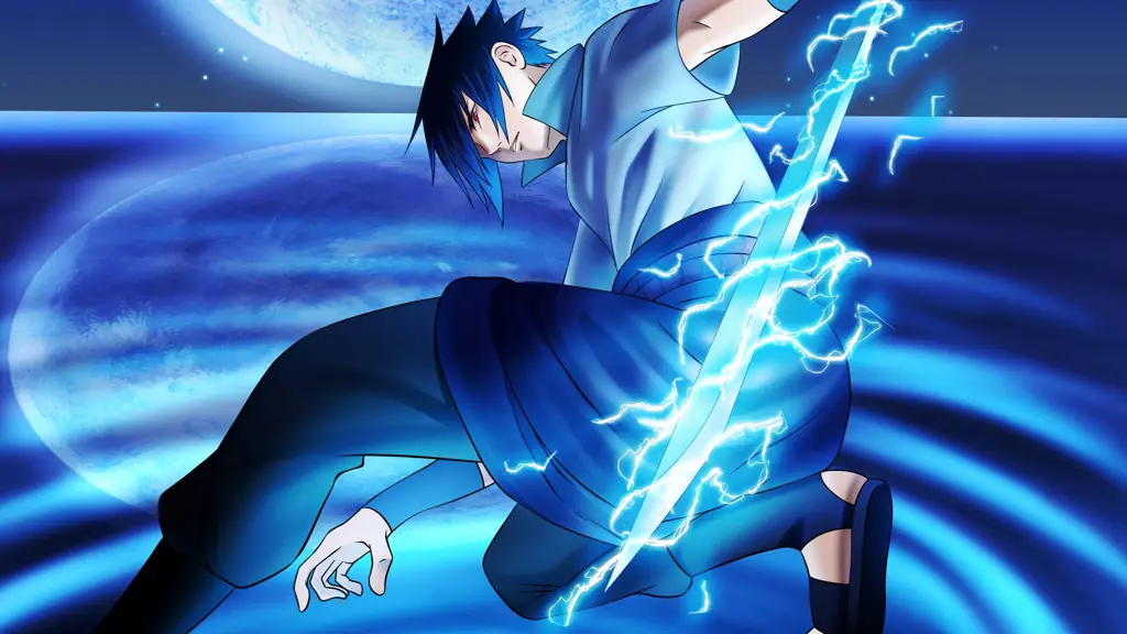 Gambar seni digital Sasuke Uchiha menggunakan jurus Chidori.