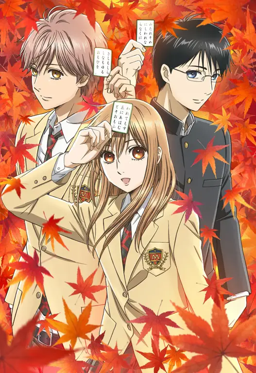 Seni kunci Chihayafuru Musim 2 yang menampilkan Chihaya, Arata, dan Taichi