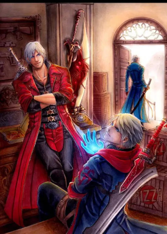 Gambar seni manga Devil May Cry yang menampilkan aksi pertarungan Dante