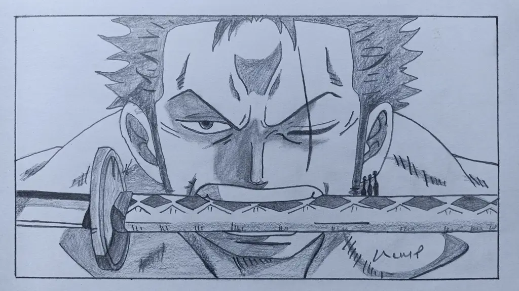 Gambar Zoro dari One Piece dengan pensil