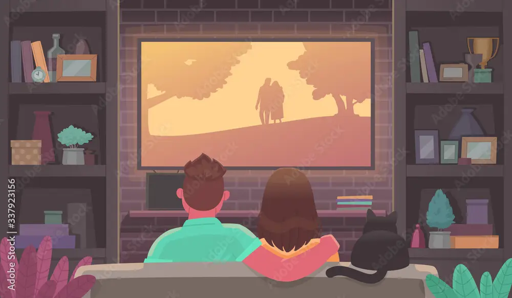 Gambar seseorang menonton anime di layar TV besar