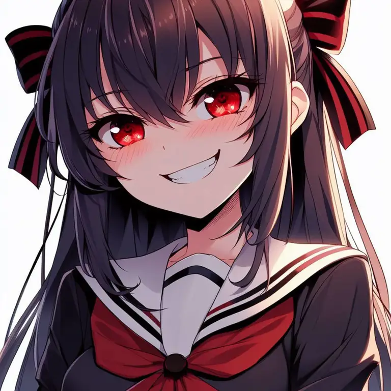 Close-up wajah karakter perempuan anime dengan senyum jahat