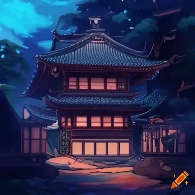 Ilustrasi rumah Jepang bergaya vintage dalam anime