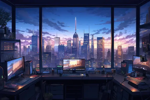 Gambar kantor modern bergaya anime