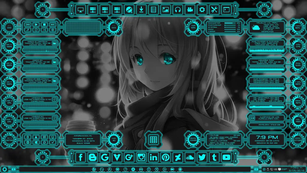 Contoh pengaturan desktop dengan skin Rainmeter anime