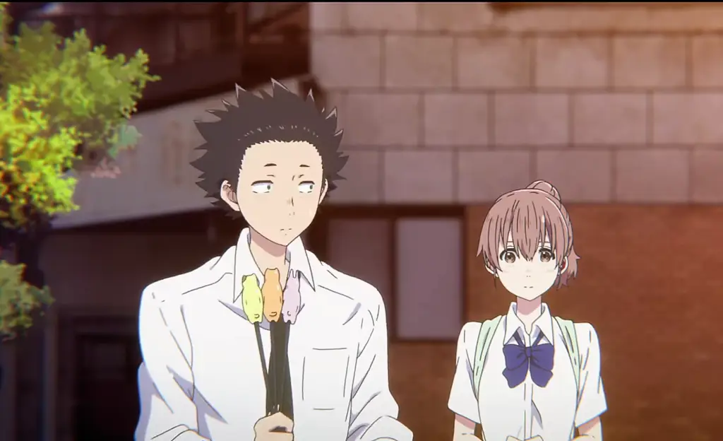 Adegan anime A Silent Voice yang memperlihatkan Shoya dan Shoko