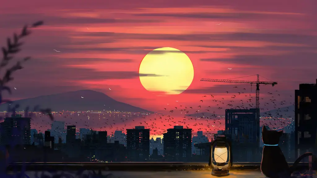 Siluet Kota Anime Pemandangan kota anime saat matahari terbenam