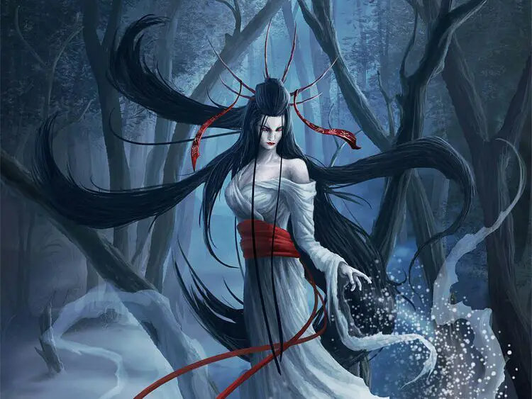 Ilustrasi Yuki-onna yang menyeramkan dalam anime.