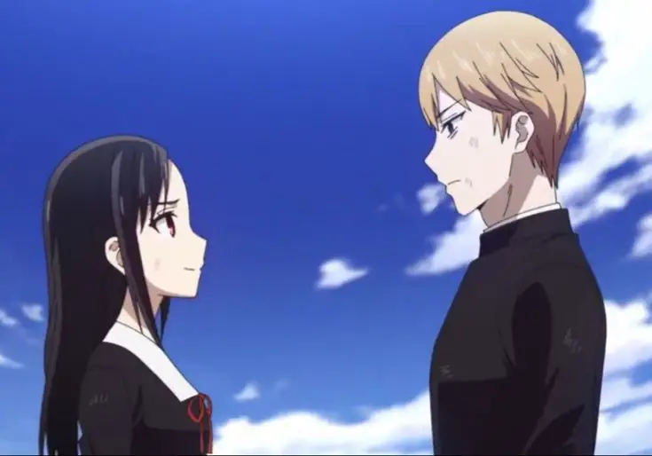 Kaguya Shinomiya dan Miyuki Shirogane dalam situasi tegang