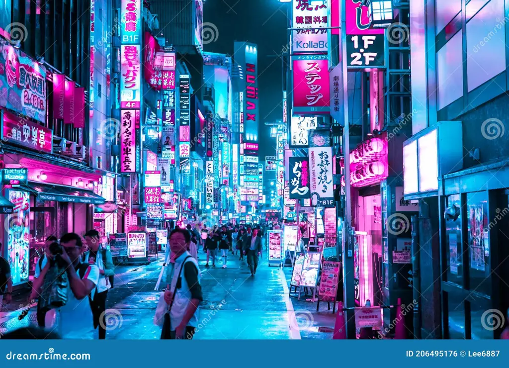 Gambar kota cyberpunk bergaya Jepang yang menggambarkan situasi yang tidak terduga