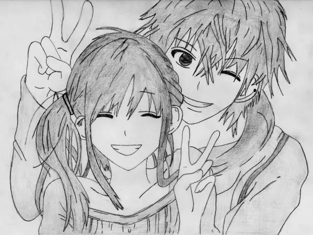 Contoh sketsa anime couple mudah dengan pose sederhana