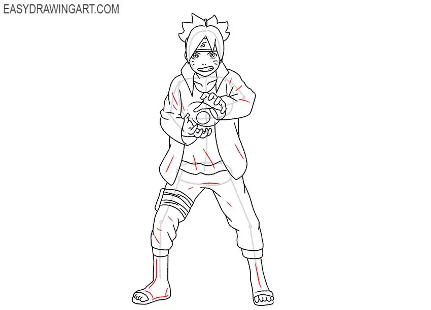 Sketsa sederhana Boruto dengan pose santai