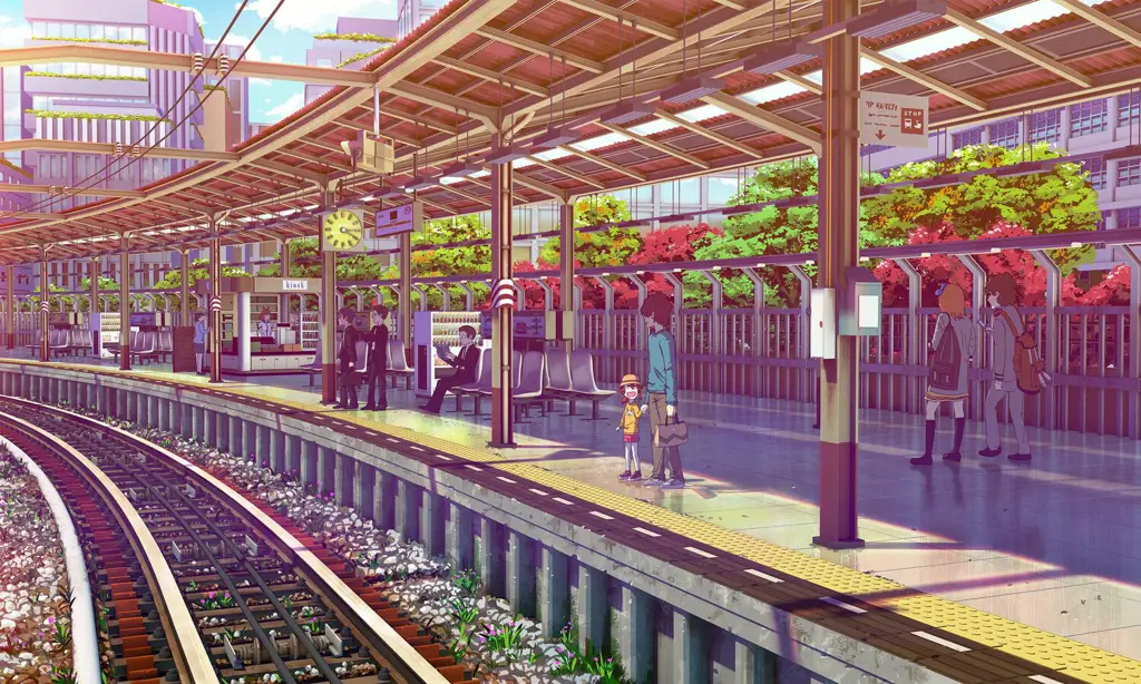 Adegan stasiun kereta api modern dengan gaya anime