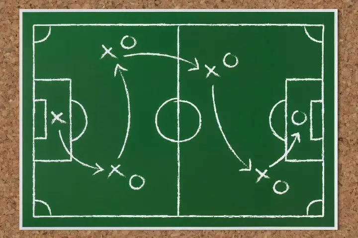 Diagram taktik sepak bola yang menunjukkan strategi permainan.