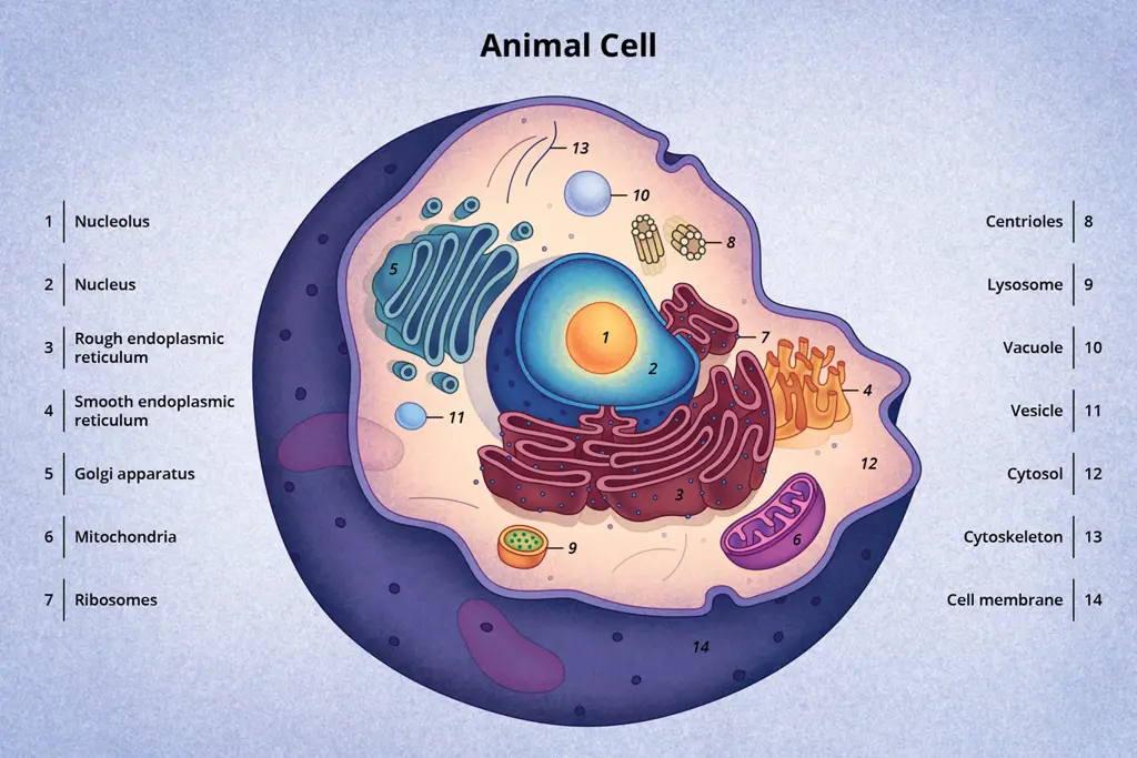 Diagram sel hewan yang menunjukkan berbagai organelnya