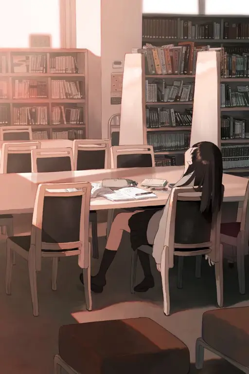 Gambar anime di perpustakaan sedang membaca buku dengan serius