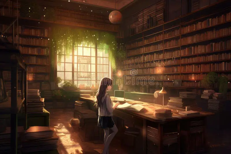 Gambar anime imut yang sedang belajar di perpustakaan