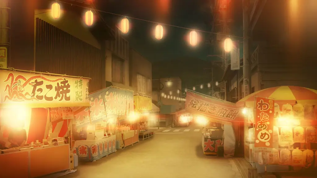 Suasana Festival Sekolah yang Meriah Gambar festival sekolah di anime dengan suasana ramai dan meriah