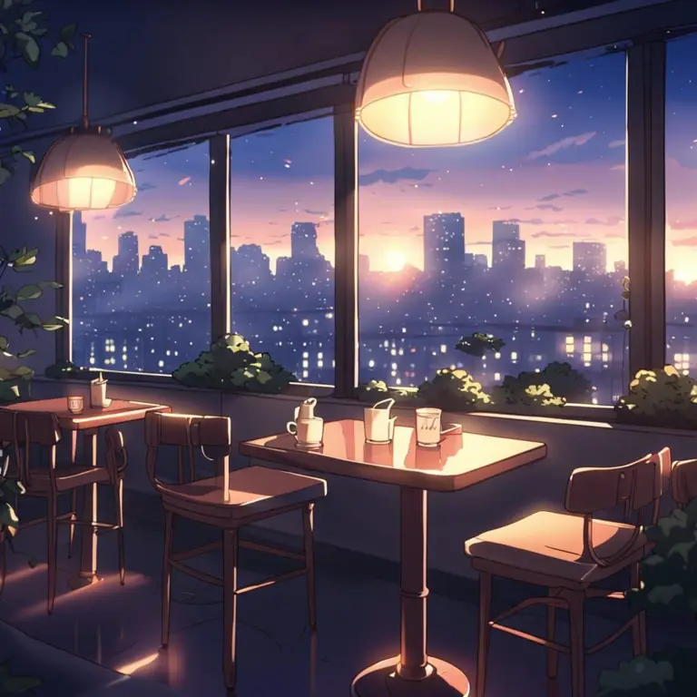 Interior kafe anime yang nyaman dan penuh dengan dekorasi anime.