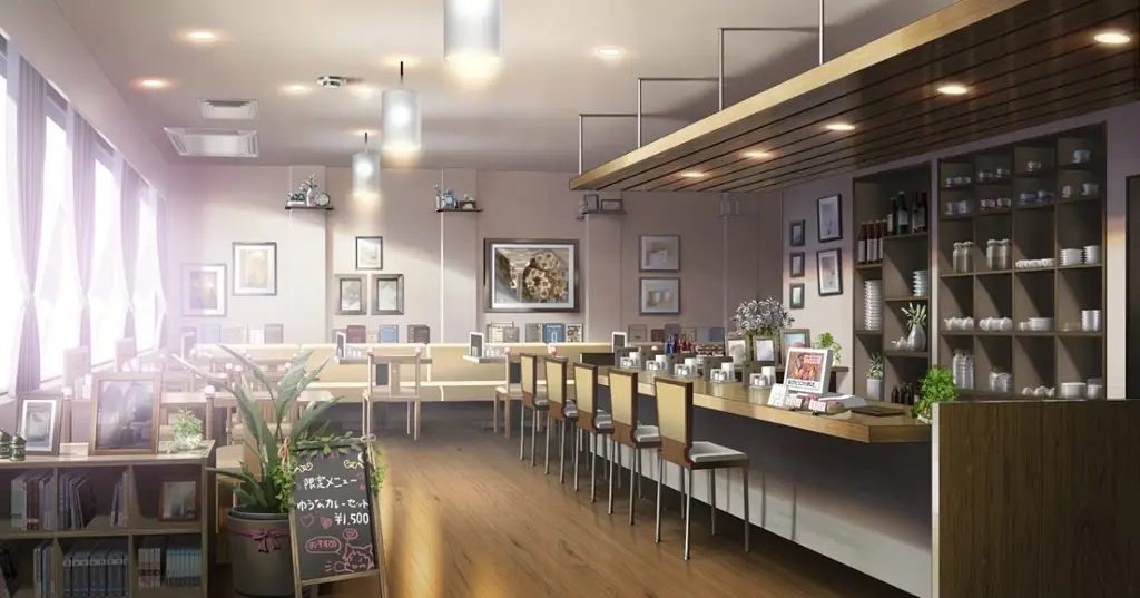 Interior kafe anime dengan warna-warna pastel yang menenangkan