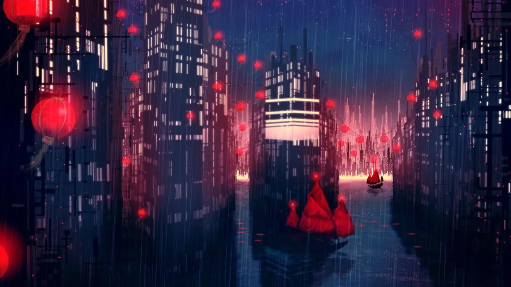 Suasana kota di anime dengan nuansa merah Kota anime hujan merah