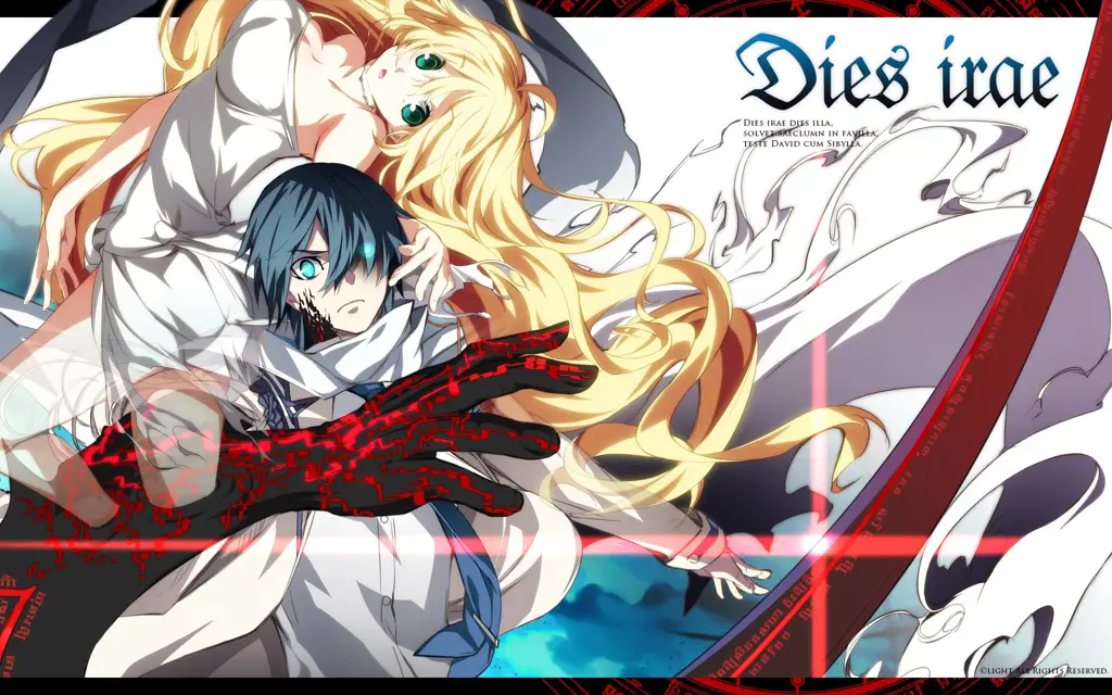 Pemandangan kota Kasugano yang gelap dan mencekam dalam anime Dies Irae.